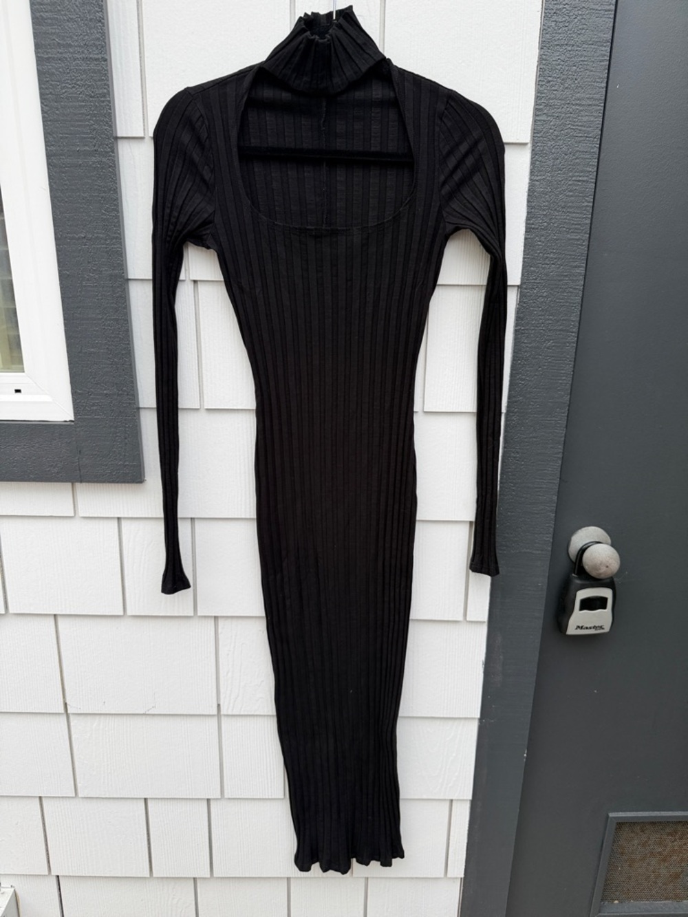 Reformation Black Ribbed Mock Neck Long-Sleeve Midi Dress
